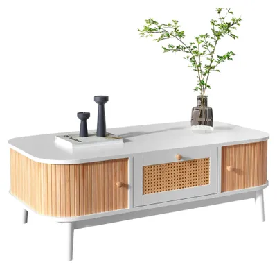 Produktbild von Couchtisch im Landhausstil mit Rattan-Schubladen und Schiebetüren, Kaffeetisch für Wohnzimmer und Büro (Weiß und Holzfarbe)