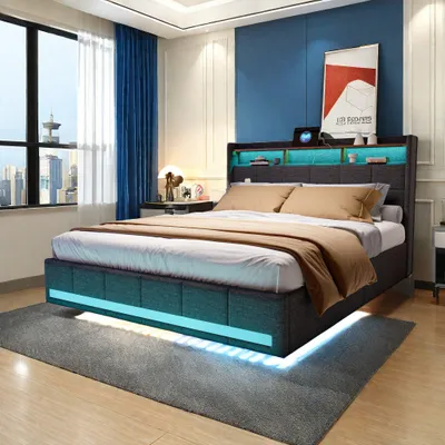 Obrázok produktu pre Manželská posteľ - Rám postele - Posteľ s úložným priestorom - Posteľ s zásuvkami - LED posteľ - Rozmer 160x200 cm - Poťah z lnu
