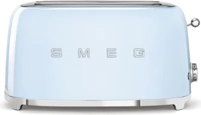 A front view of a light blue Smeg toaster.