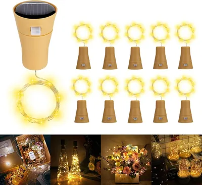 Produktbild von 10er LED Solar Flaschenlichter, Korkenform, Sternenlichterkette aus Kupferdraht, für DIY Flaschen, Hochzeiten & Weihnachten