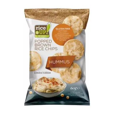 Obrázek produktu pro Rice Up celozrnné rýžové chipsy s humusem 60g rýžové placky / bez lepku / bez GMO / bez přidaného cukru / bez glutamátu / bez konzervantů