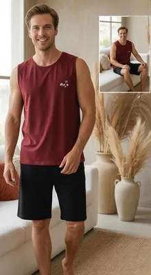 Produktbild von Herren Pyjama Bermuda Shorty Rot XL Kurz Baumwolle Schlafanzug 2-Teiler M-73