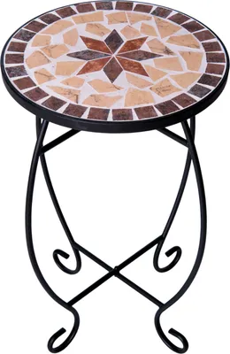 A round mosaic side table with a black metal base.