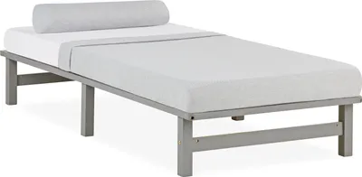 A single bed frame with a mattress and a bolster pillow, shown against a white background.