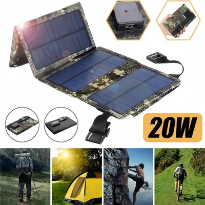 Produktbild von 20W Tragbares Solarpanel, Outdoor Camping Wandern USB Solarpanel, Klappbare Sonnenkollektoren, Wasserdicht Solar Power Ladegeraet（Tarnung）