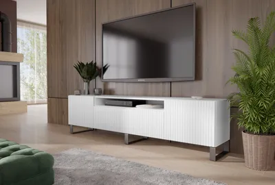 Obrázok produktu pre TV skrinka Marlo III TV skrinka TV stolík 200 cm vertikálne frézované čelá moderný dizajn trojdverová obývacia izba (farba: biela )