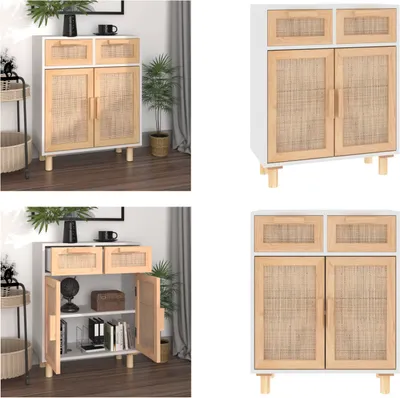Produktbild von vidaXL Sideboard Weiß 60x30x75 cm Massivholz Kiefer und Natur Rattan - Sideboard - Sideboards - Schrank - Beistellschrank