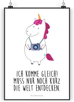 Produktbild von Mr. & Mrs. Panda Bild Einhorn Fotograf DIN A3 - Weiß - Geschenk, Tourist, Plakat, wanddeko, Wandbild, Kamera, drucke, Reise, Unicorn, Kunstdruck, Urlaub