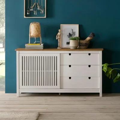 Immagine prodotto di Credenza Bruna in legno massiccio colore bianco e pino 150x40x80H - Anta scorrevole e 3 cassetti