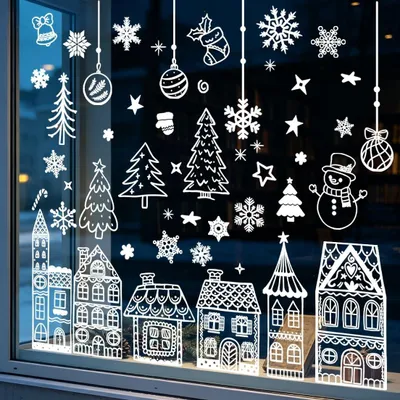 Productafbeelding van Raamsticker - Zelfklevend motief van een kerstdorp met sneeuwvlokken - Raamdecoratie - Wit, 73x51 cm