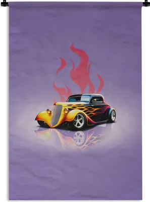 Produktbild von MuchoWow® Wandteppich Wandbehang Auto - Lila - Flammen - Vintage 120x180 cm Tapisserie Dekoration Wandtuch - Schlafzimmer - Dekorationen für das Haus