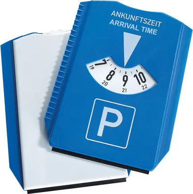 A blue parking disc with an integrated ice scraper, shown against a white background.