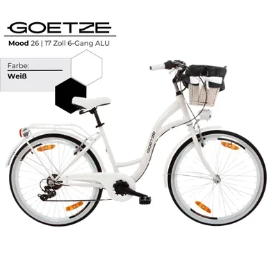 Produktbild von Goetze Mood 26 Zoll City Bike, 17 Zoll ALU Tiefeinsteigerrahmen, 6-Gang Shimano, V-Bremse, LED-Beleuchtung, Komfortsattel, Rattankorb