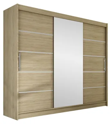 Produktbild von MIRJAN24 Großer Schwebetürenschrank Aston VI mit drei Türen, Kleiderschrank mit Kleiderstange, Frontspiegel (Farbe: Sonoma Eiche / Spiegel, ohne Beleuchtung)