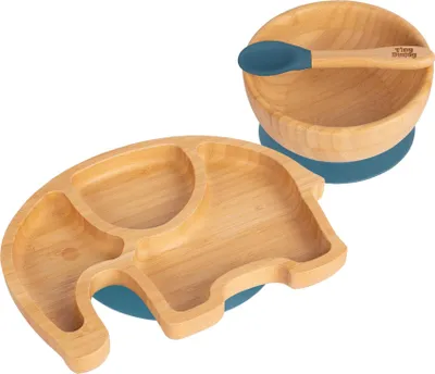 Produktbild von 3pc Navy Blau Kinder Bambus Elefant Teller, Schüssel & Löffel-Set mit Silikon-Saugnapf - Segmentiertes Design Baby & Kleinkind Entwöhnung Geschirr - Umweltfreundlich & Biologisch Abbaubar - Von Tiny Dining