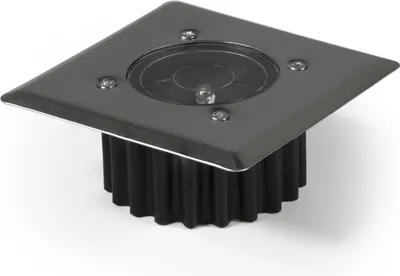 A square solar ground light with a metallic top and a black ribbed base.