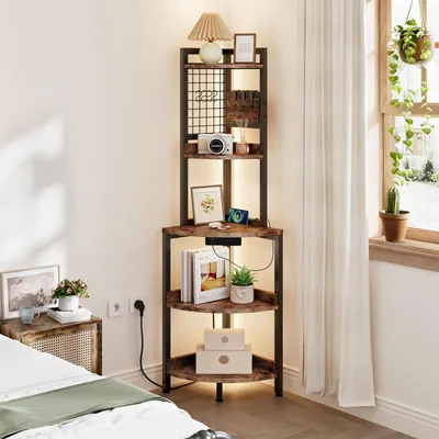 Image de iropro étagère d'angle 5 niveaux avec prises de courant, étagère sur pied avec éclairage LED, étagère de rangement pour salon, cuisine, brun vintage+noir, 40x40x152cm