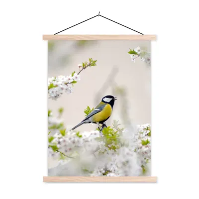 Produktbild von MuchoWow® Textilposter Vogel - Kohlmeise - Blumen - Blütenbaum 40x53 cm mit holzfarbenen Rahmen - Schlafzimmer