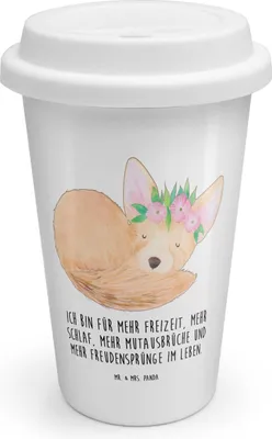 Produktbild von Mr. & Mrs. Panda ToGo Kaffeebecher Wüstenfuchs Blumen - Weiß - Geschenk, Glücklich, Isolierbecher, Thermobecher To Go, Afrika, Blumenkranz, Becher, Wüste