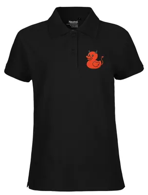 Produktbild von Huuraa Damen Polo Shirt Quietscheente Teufel Gummiente Luzifer XL Black Bio Baumwolle Fairtrade Poloshirt Geschenkidee