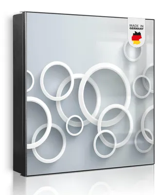 Produktbild von banjado Schlüsselkasten aus Metall, 30x30cm groß mit 32 Haken, als Magnettafel nutzbar, Korpus schwarz, Anschlag rechts, Weiße Ringe [SKG1 10764]