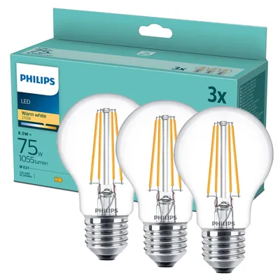 Zdjęcie produktu dla Philips Żarówka żarnikowa przezroczysta 75 W A60 E27 x3, 8,5 W, 75 W, E27, 1055 lm, 15000 h, Ciepłe białe