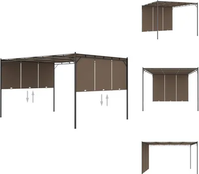Multiple views of a taupe garden gazebo with side curtains against a white background.