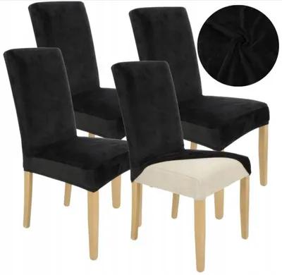Produktbild von Stuhlhusse Stretch Schwarz - 4 Stück - Samt - Universal - Esszimmer Stuhlbezug