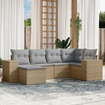 Produktbild von Design 6-tlg. Garten-Sofagarnitur mit Kissen Beige Poly Rattan, Gartenmöbel-Sets 2024 Neu