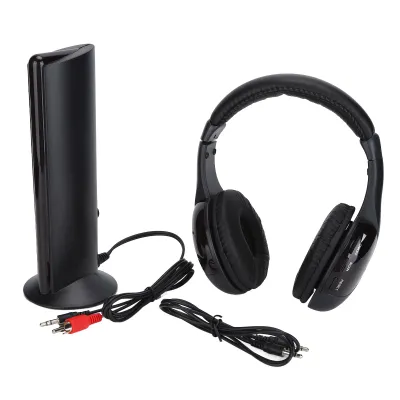 A set of wireless headphones with a transmitter and cables on a white background.