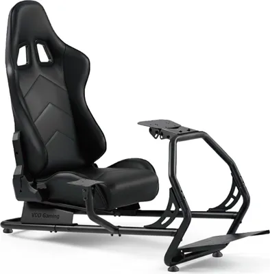 A black racing simulator cockpit with a seat and frame, shown from a side angle against a white background.