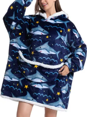 Produktbild von Flanell-Kapuzenpullover für Damen, tragbar, weich, warm, Oversize-Schnitt, mit Taschen, für drinnen und draußen
