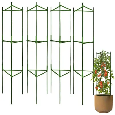 Produktbild von Höhenverstellbare Dreieck-Pflanzenstütze Grün mit Kletterhilfe bis 1000mm robustes 4er-Set für Garten und Balkon