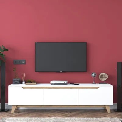 Image de Meuble TV Blanc et Noyer, 180 x 49 x 35 cm, Rangement Supplémentaire, Panneau Mélaminé