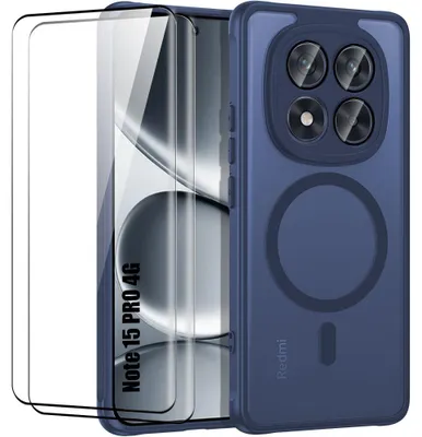 Image de Coque + 2 Verres Trempés pour Xiaomi Redmi Note 15 Pro 4G, avec Anneau Magnétique - Bleu Marine