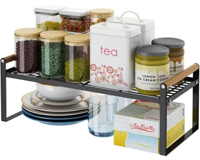 Produktbild von Küchenarbeitsplatten-Organizer, Gewürzregal, stapelbar, Metall & Holz, Regaleinsatz für Küchenschränke, Haushalt & Küche, 35 * 21 * 20 Tischregal (schwarz)