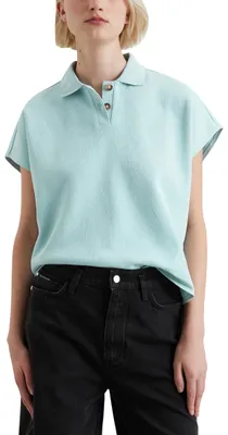 Immagine prodotto di Maglietta polo a maniche corte da donna in denim, realizzata in Cotonelogico, modello "Wide Fit", colore blu