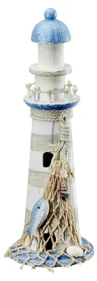 Produktbild von Leuchtturm aus Holz in Blau und Weiß mit Muscheln und Netz, Dekoration für Strand und Meer (Höhe 30 cm)