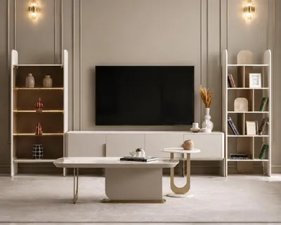 Productafbeelding van Beiges Wohnzimmer set Sideboard Vitrinenschrank Bücherregal Couchtisch