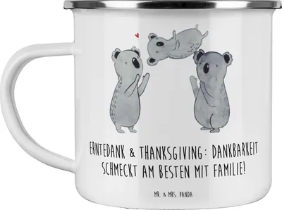 Produktbild von Mr. & Mrs. Panda Haferl Erntedankfest & Thanksgiving - Weiß - Geschenk, Events, Emaille Becher, Geschenke, Dankbarkeit, Kaffeepott, Teetasse, Tasse, Freude teilen, Pott