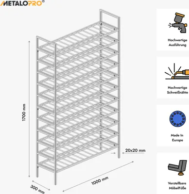 Image de MetaloPro – Casier à vin Jerez – Support métallique pour 143 bouteilles de vin, structure robuste, idéal pour la cuisine, la cave ou le bar – 170 × 100 × 30 cm