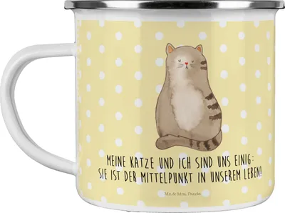 Produktbild von Mr. & Mrs. Panda Emaille Becher Katze Sitzen - Gelb Pastell - Geschenk, Pott, Cats, Teetasse, Tasse, Katzen, Cat, Herz, Kaffeepott, Outdoor