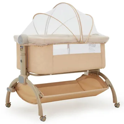 Produktbild von Babybett Beistellbett - 3-in-1 Stubenwagen - Höhenverstellbar - Mit Rollen - Mit Moskitonetz - Tragbar - Beige