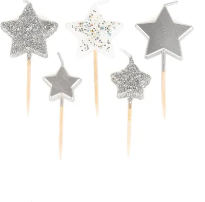 Produktbild von 5 Sternkerzen Silber auf Holzspießen 7 cm - Einheitsgröße