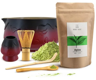 Produktbild von Mary Rose - Matcha Tee Set 100g - Pulver Grüner Tee - Keramik Rote Mountain Matchawan Schale 450ml, Kusenaoshi Besenhalter - Bambus Chasen Besen