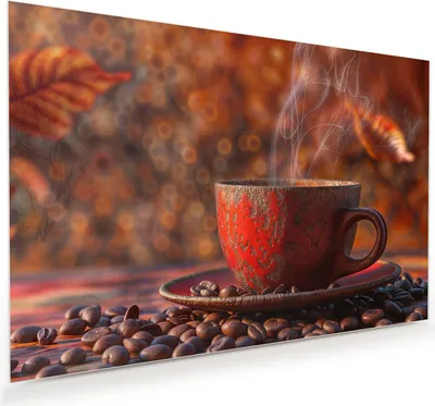 Produktbild von Glasbild 120x80cm in XXL für Wohnzimmer, Schlafzimmer Motiv Kaffeetasse im Herbst