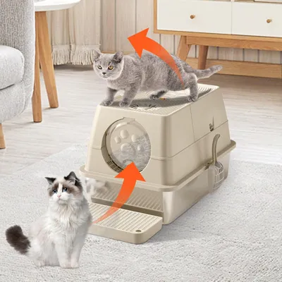 Immagine prodotto di Lettiera per gatti in acciaio inossidabile di grandi dimensioni, con coperchio e configurazione a 2 aperture. Design chiuso
