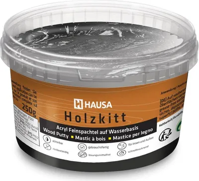 Produktbild von HAUSA Holzkitt 250 g Schwarz Holzspachtelmasse, Kitt für Holz, Holzspachtel/Füllmasse zum Reparieren von Holzschäden gebrauchsfertig ausgezeichnete Füllkraft schnelltrocknend rissbeständig