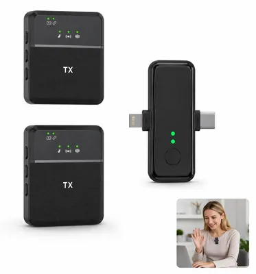 Produktbild von Wireless Lavalier Mikrofon 2 Stück, kabelloses Ansteckmikrofon für iPhone Android Kamera Plug & Play
