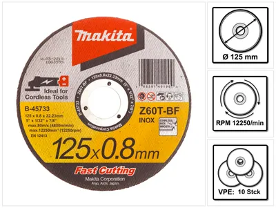 Produktbild von Makita 10x Trennscheibe 125 x 0,8 x 22,23 mm für INOX Edelstahl ( 10x B-45733 )